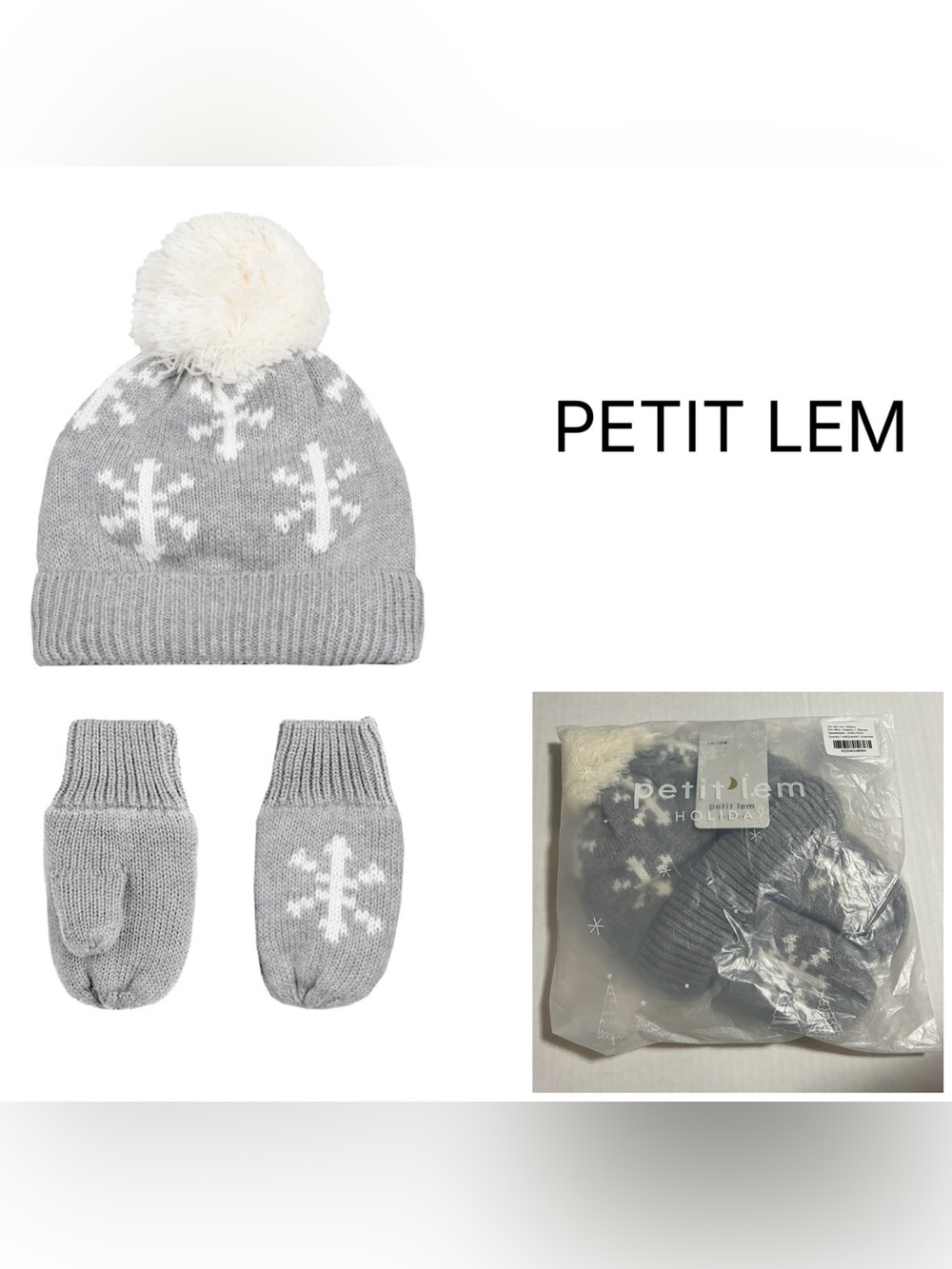 PETIT LEM - 6-12M - NWT - INFANT KNIT GREY / WHITE SNOWFLAKE HAT & MITTENS SET